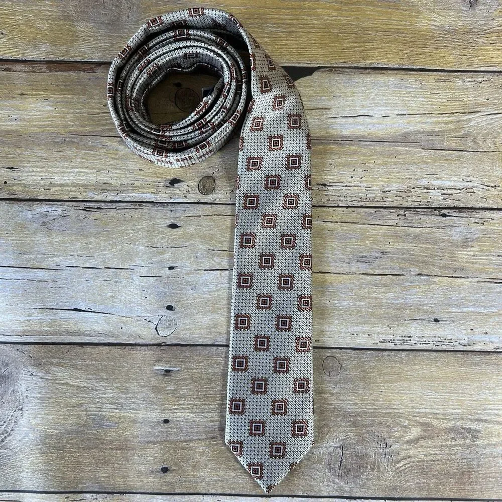 Adolfo Mens Necktie Brown‎ Tan Geometric Square Pattern Silk Blend Classic Tie